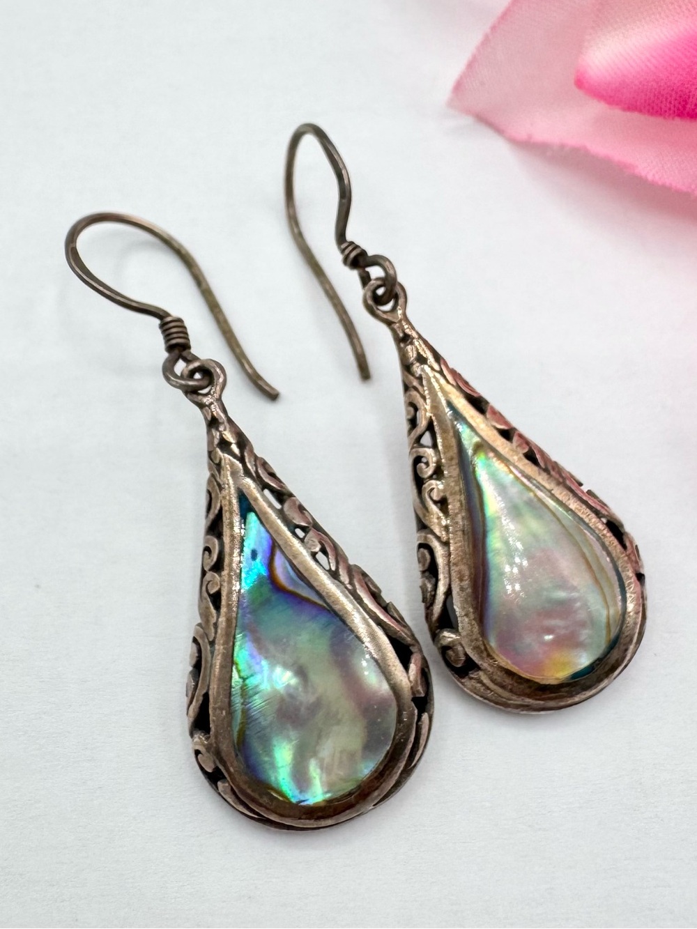 Vintage Abalone 925 Sterling Silver Scrolling Dangle Earrings Beachy Festival